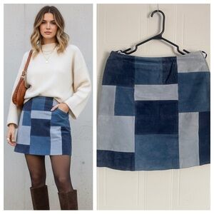 Vintage Blue Suede Patchwork Mini Skirt Size 9 70s Retro Colorblock